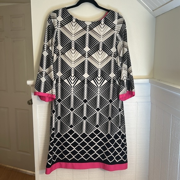 Eliza J Geometric Print Dress with Pink Accents 3/4 Sleeves size 10 - Picture 2 of 7
